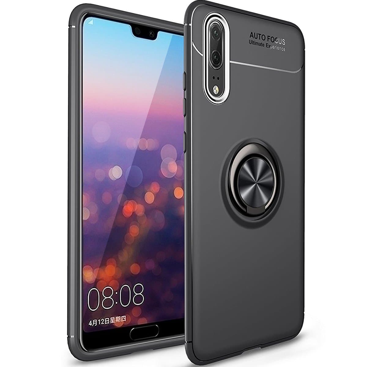 WATACHE Huawei P20 Case, Ring Kickstand Case 360 Degree Rotating Finger Ring Grip Drop Protection Shock Absorption Soft TPU Cover [Work with Magnetic Car Mount] for Huawei P20 -Black