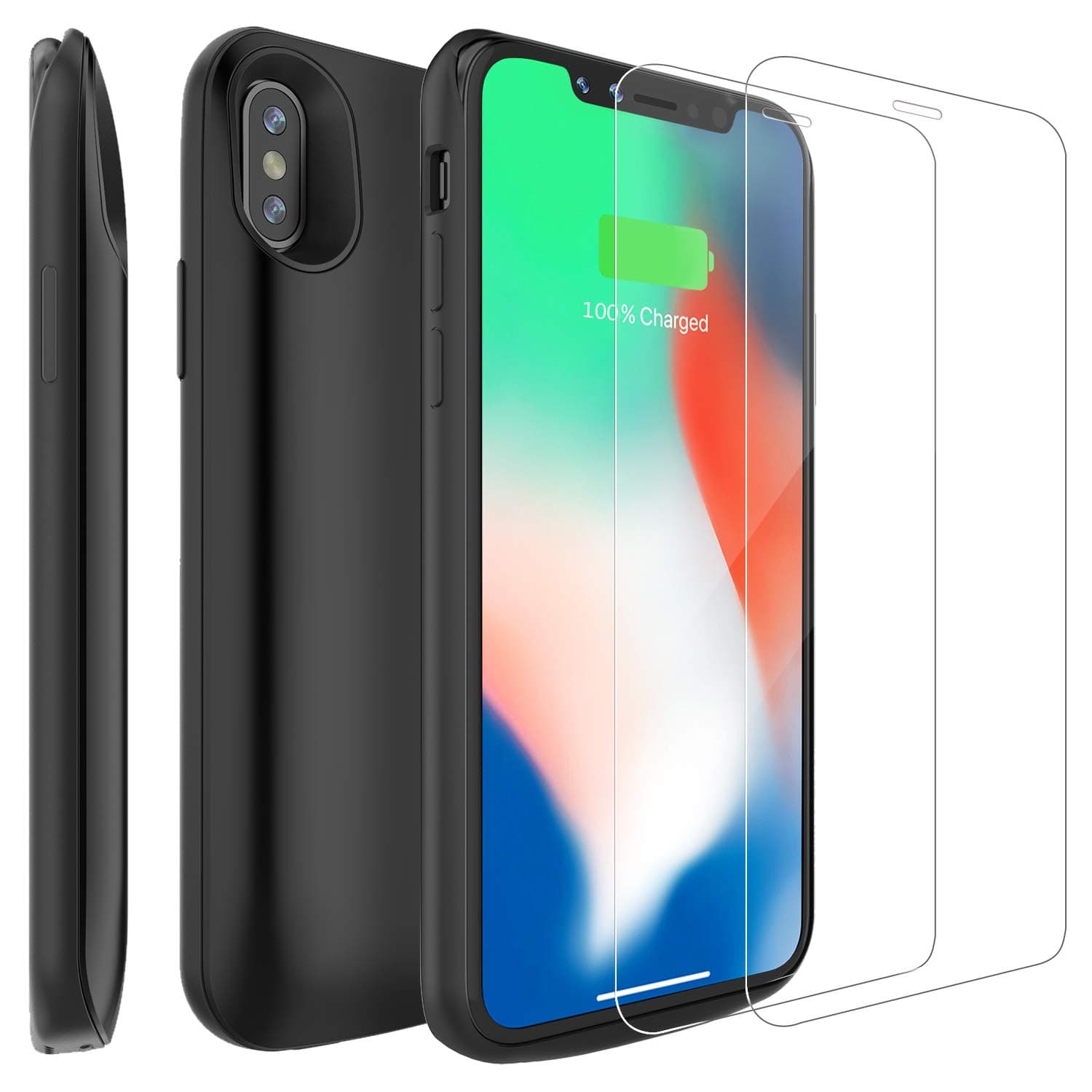 Charger Case Compatible for iPhone X/iPhone Xs 2018[2 Pack Free Screen Protector], PEMOTech 6000mAh Slim Portable Rechargeable Battery Case Extended Battery Charger Protective Charging Case -BLACK