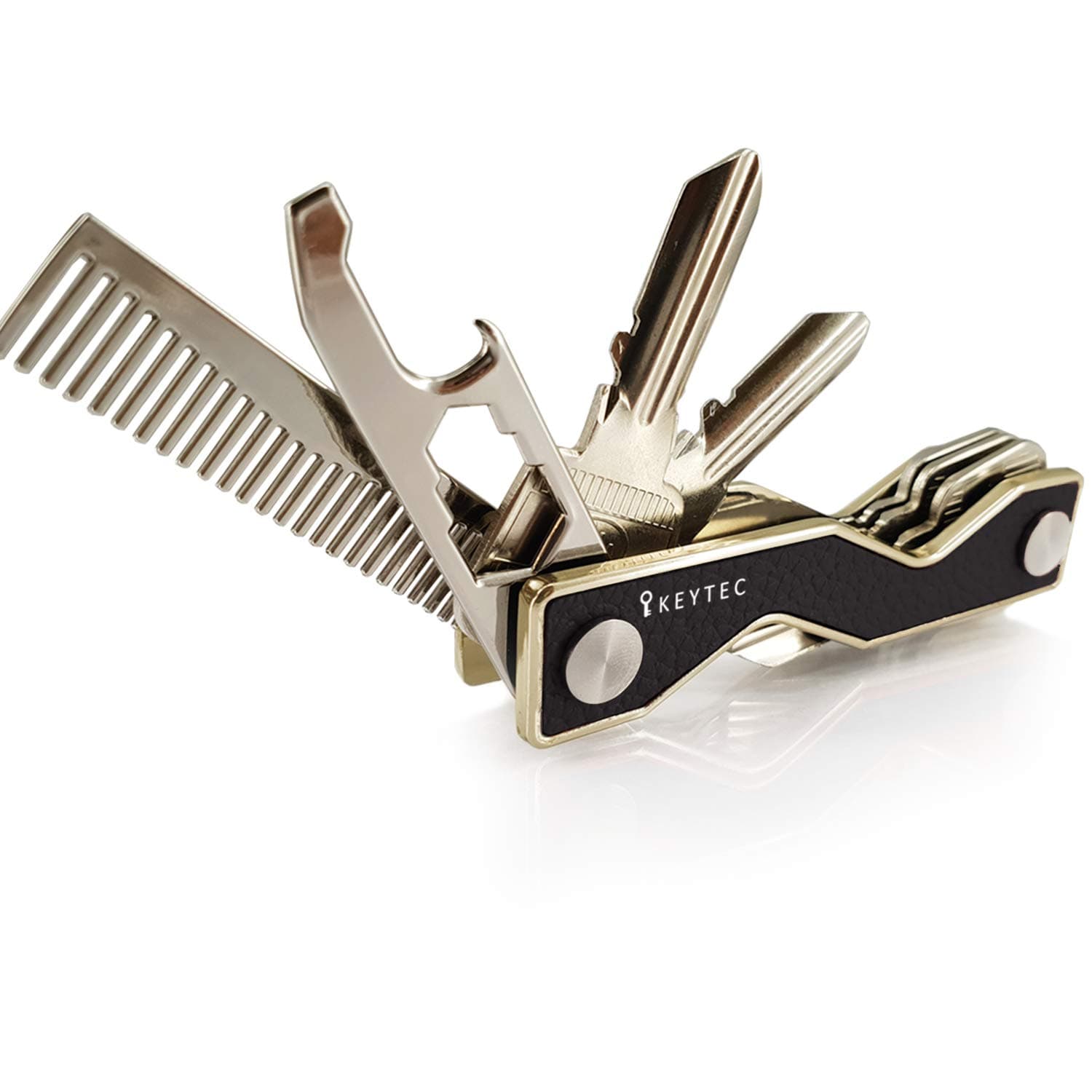 Compact Key Organizer Smart Key Holder by KEYTEC｜Leather Gold Rim｜Multitool Includes Bottle Opener Comb S-Clip Hook Expansion Accessory｜Enhanced Frame