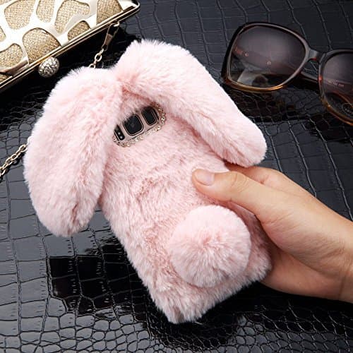 Rabbit Case for S7 Edge Cover, Galaxy S7 Edge Soft Case, Cute Bunny Ears Soft TPU Case Bling Silicone Case Fluffy Winter Case Protective Back Bumper Chic Plush Case Cover, Pink