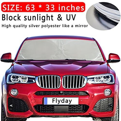 Flyday Auto Car Sun Shade Foldable Windshield - Block Out 99% UV Rays Heat & Snow Sun Visor Protector, Sunshade to Keep Your Vehicle Cool, Fits Trucks SUVs Vans(Standard 63 x 33 inches)