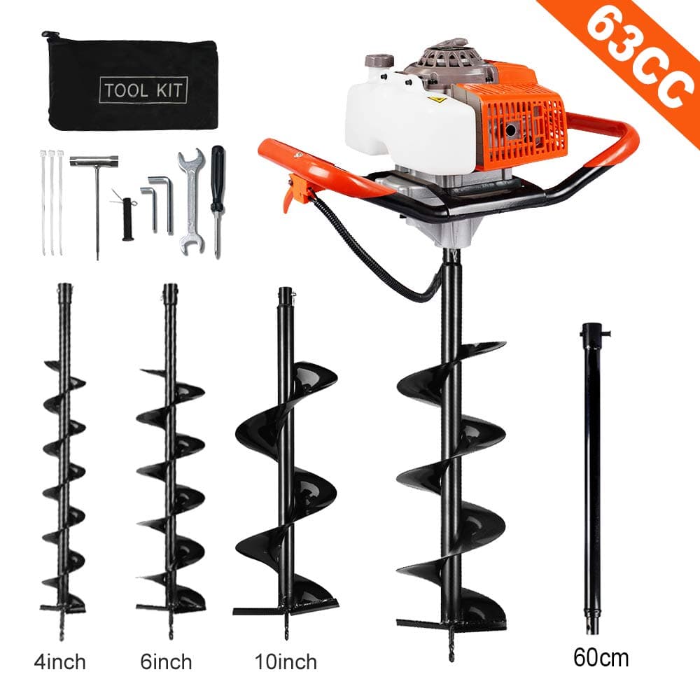 ECO LLC 63cc Post Hole Digger Auger Petrol Drill Bit Earth Borer with 3 Bits 4" 6" 8"Drill Bit Earth Digger + 23'' Extention Rod