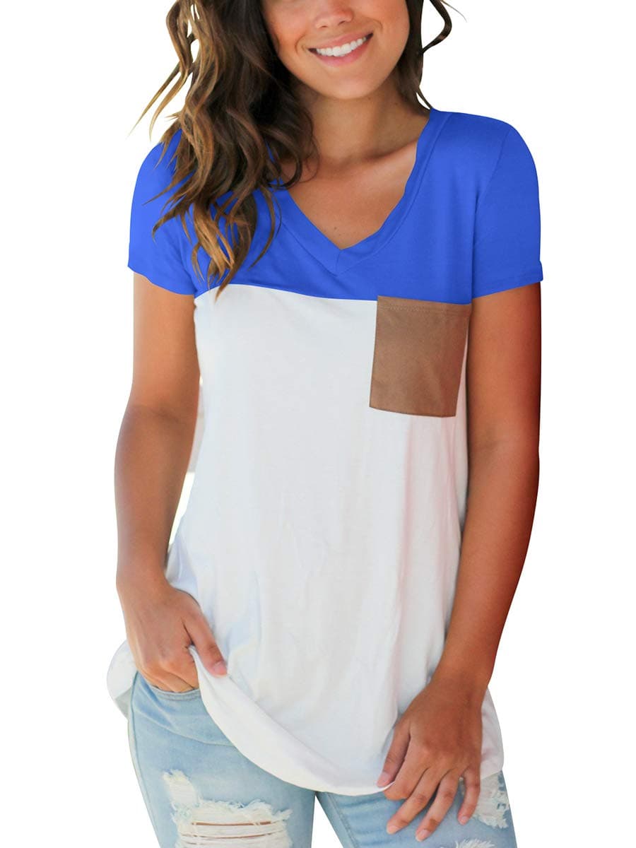 SAMPEEL Women's Basic V Neck T Shirt with Suede Pocket S-XXL