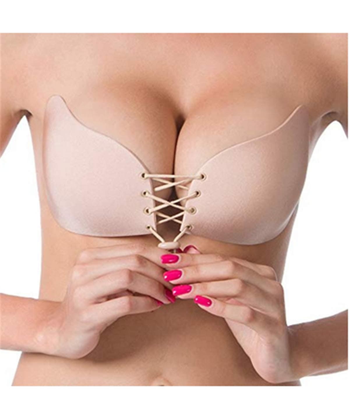 Bohai Women's Silicone Strapless Backless Push Up Self Adhesive with Drawstrings Bra Nude