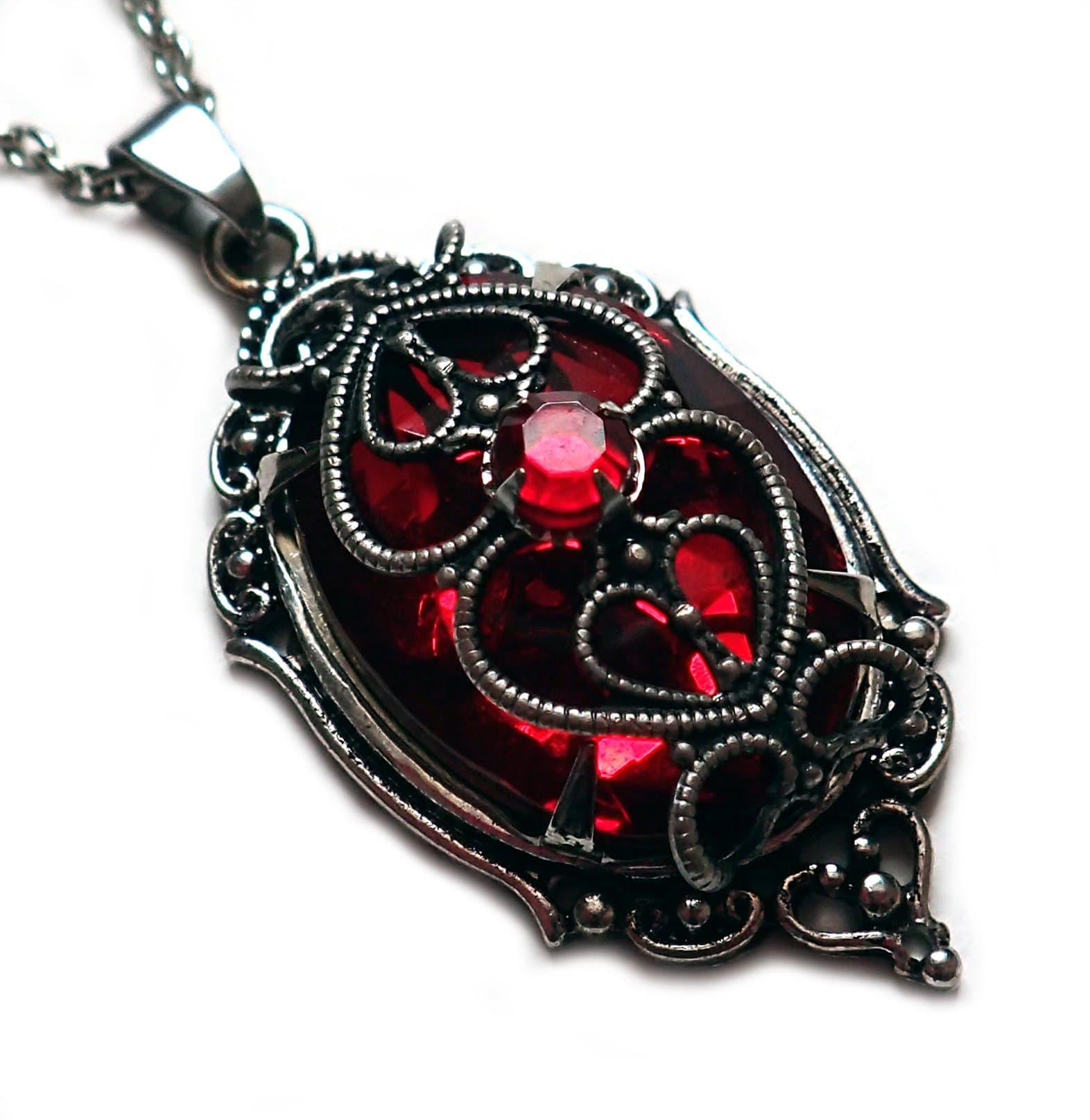 Silver Filigree Caged Rhinestone Pendant: Ruby Red