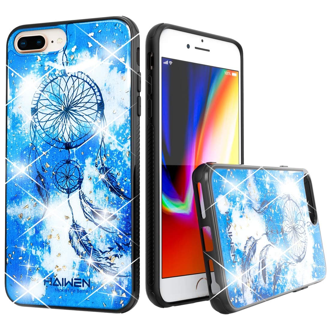 HAIWEN iPhone 8 Plus Case/iPhone 7 Plus/iPhone 6 Plus Case, Dream Catcher with Glitter Bling Gold foil, Shockproof Soft TPU + PC Full Body Protective,Crystal Glue Cover Case for Women and Girls(Blue)