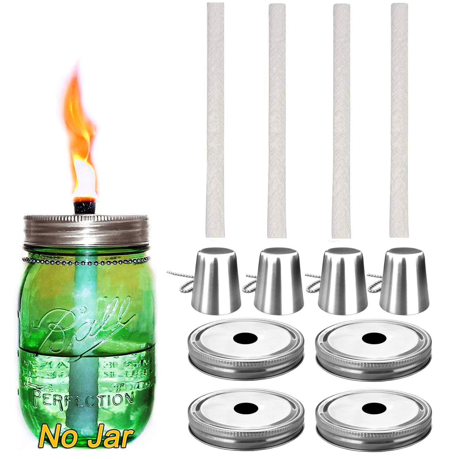 Mason Jar Tabletop Torch Kits,4 Pack Regular Mouth Lids,4 Long Life Torch Wicks and Caps Included,Oil Fuel Lamps for Patio Table Top Torch Lantern(No Jar)
