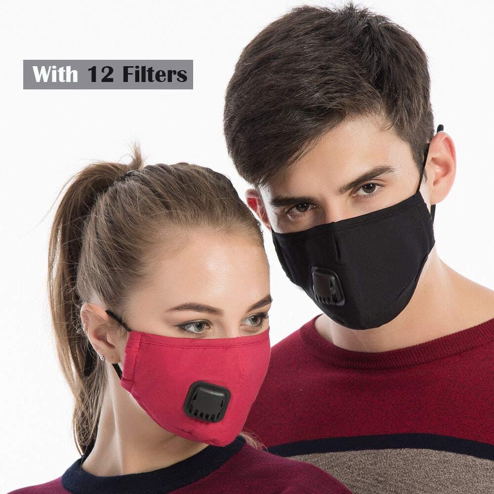 Mask Washable Cotton Mouth Masks with Valve Replaceable Filter Activated Carbon Dustproof/Dust Mask - Pollen Allergy, PM2.5, Running, Cycling, Outdoor Activities for Men Women (Two Mask + 12 Filters)