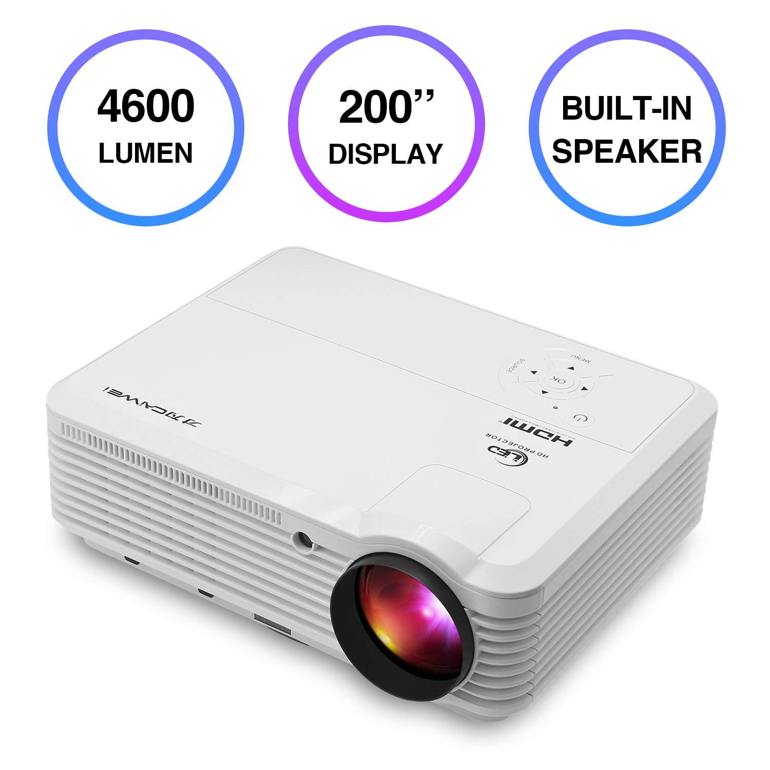 Movie Projector with HDMI USB Inputs Zoom Function, 4600 lumen,200'' Widescreen 1280x800 WXGA LCD Rear Ceiling Projector for Home Theater Netflix YouTube Video TV DVD PS4 Gaming Outdoor Entertainment