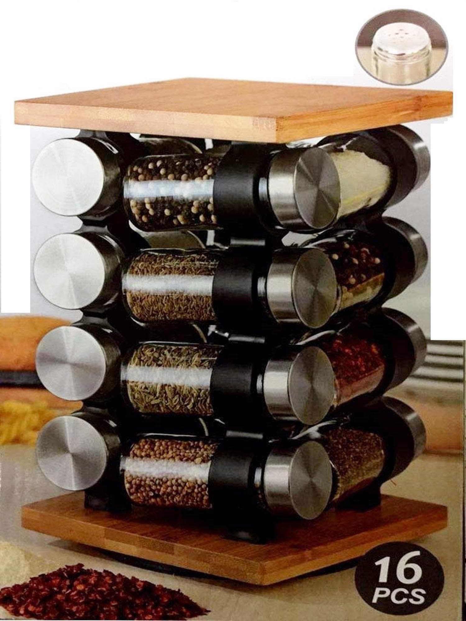 Wooden Spice Rack, Includes 16 Jars- Bamboo