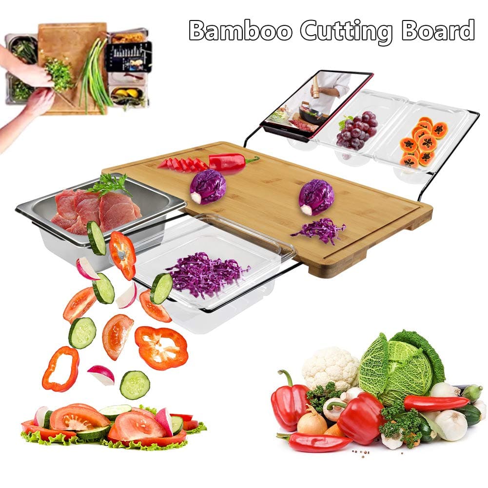 Bamboo Cutting Board with Trays Storage for Kitchen, Multifunctional Cutting Board with Shelf & Storage Box - Spare Food Ingredients, Meat, Vegetables, Fruits, Mobile Phones 1 Set