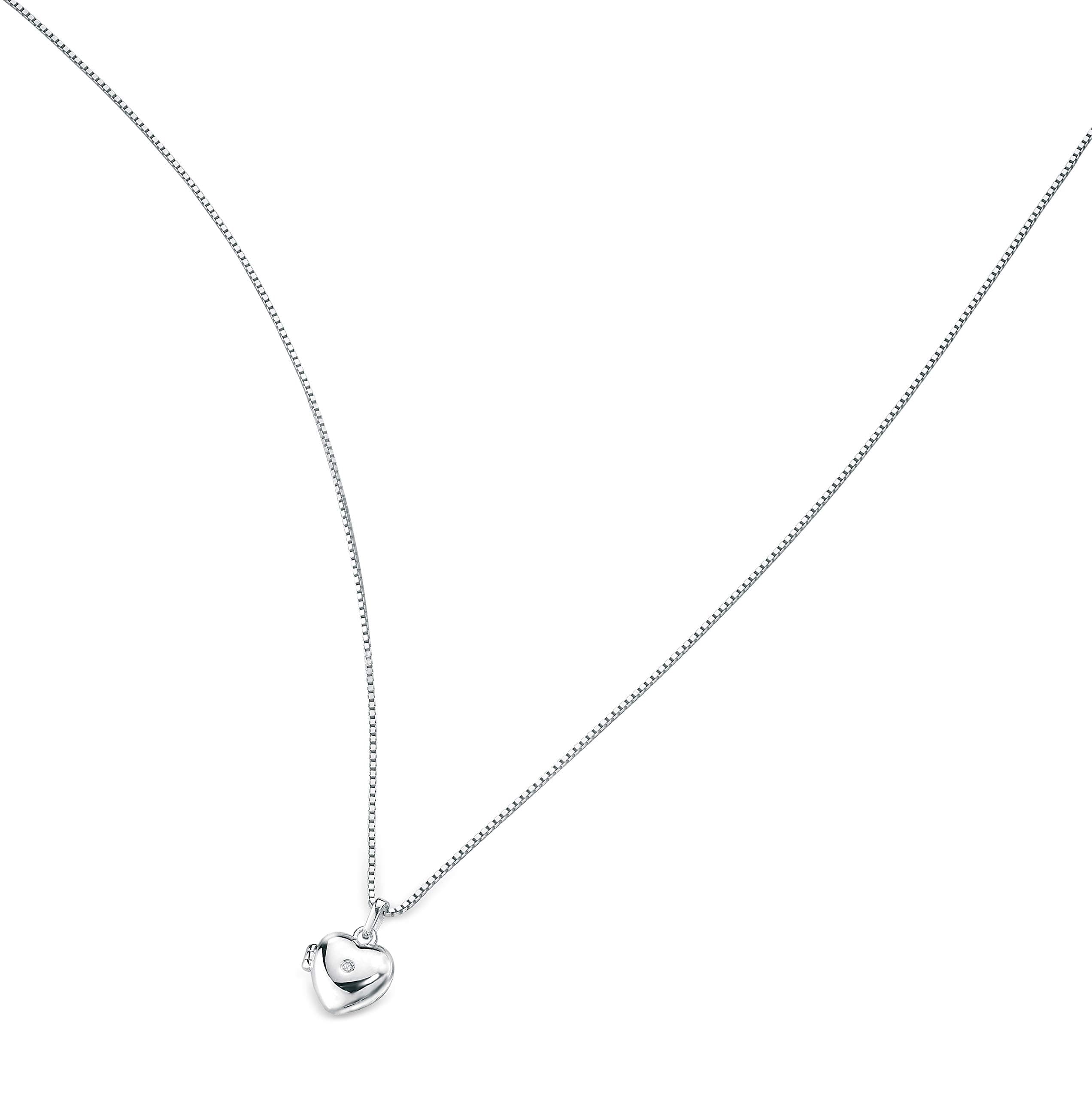 Silver Child's Heart Locket (approx 9mm) with tiny diamond (0.01ct) and 14" Necklace by D for Diamond