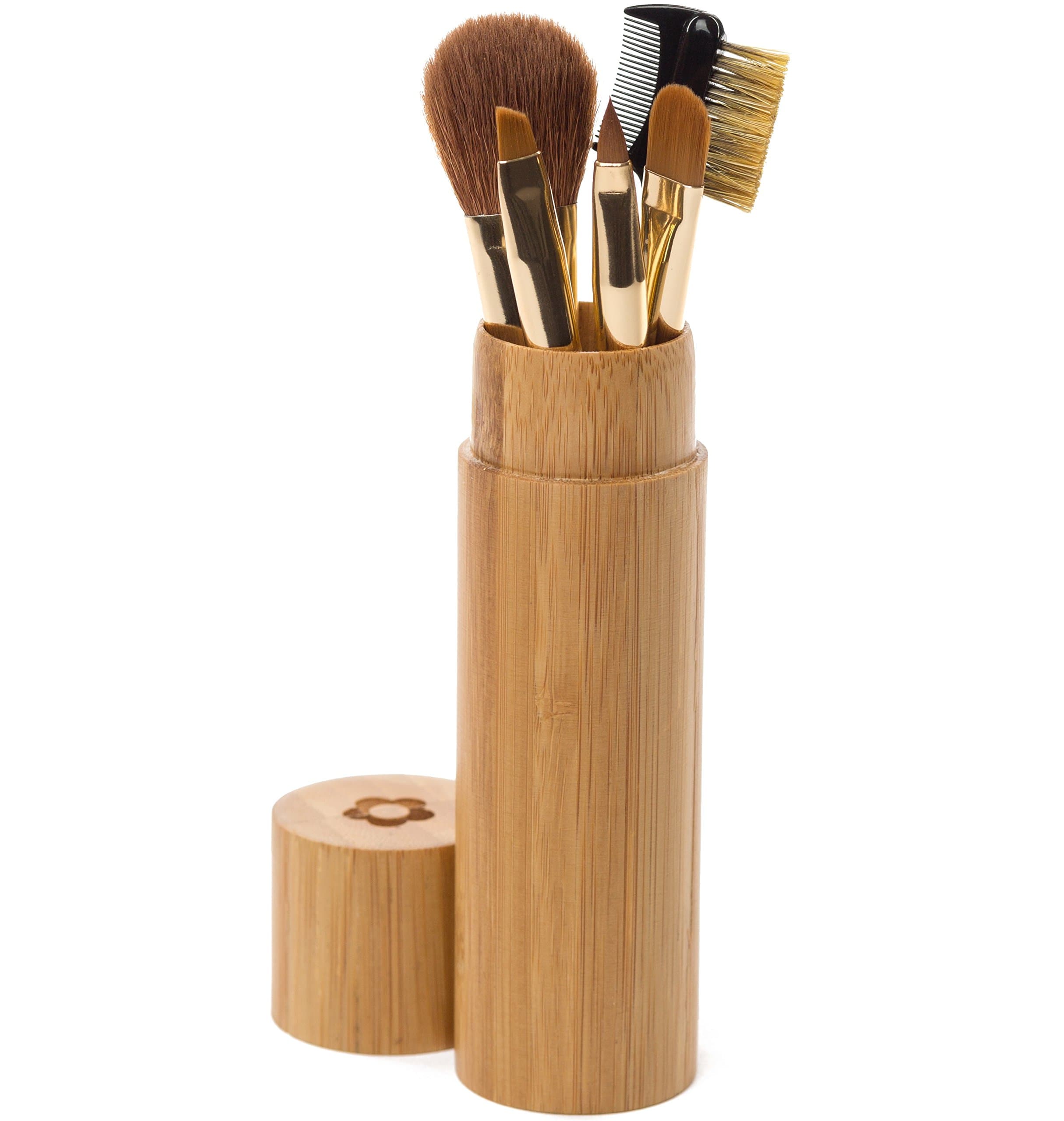 Makeup Brush Set - Beautiful Compact Bamboo Case Perfect for at Home, Purse & Travel with 5 Brushes for Blush/Bronzer, Eye Shadow, Lip Liner, Eyebrow/Eyelash, Concealer. All in One Make Up Brushes Kit