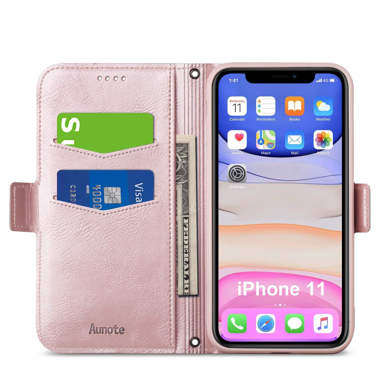 Aunote iPhone 11 Case Wallet, iPhone 11 Flip Case with Card Holder, Magnetic Clip, Kickstand, Soft TPU+ PU Leather Folio Phone Cover Full Protection, Ultra Slim Case for iPhone 11 6.1 Inch. Rose Gold