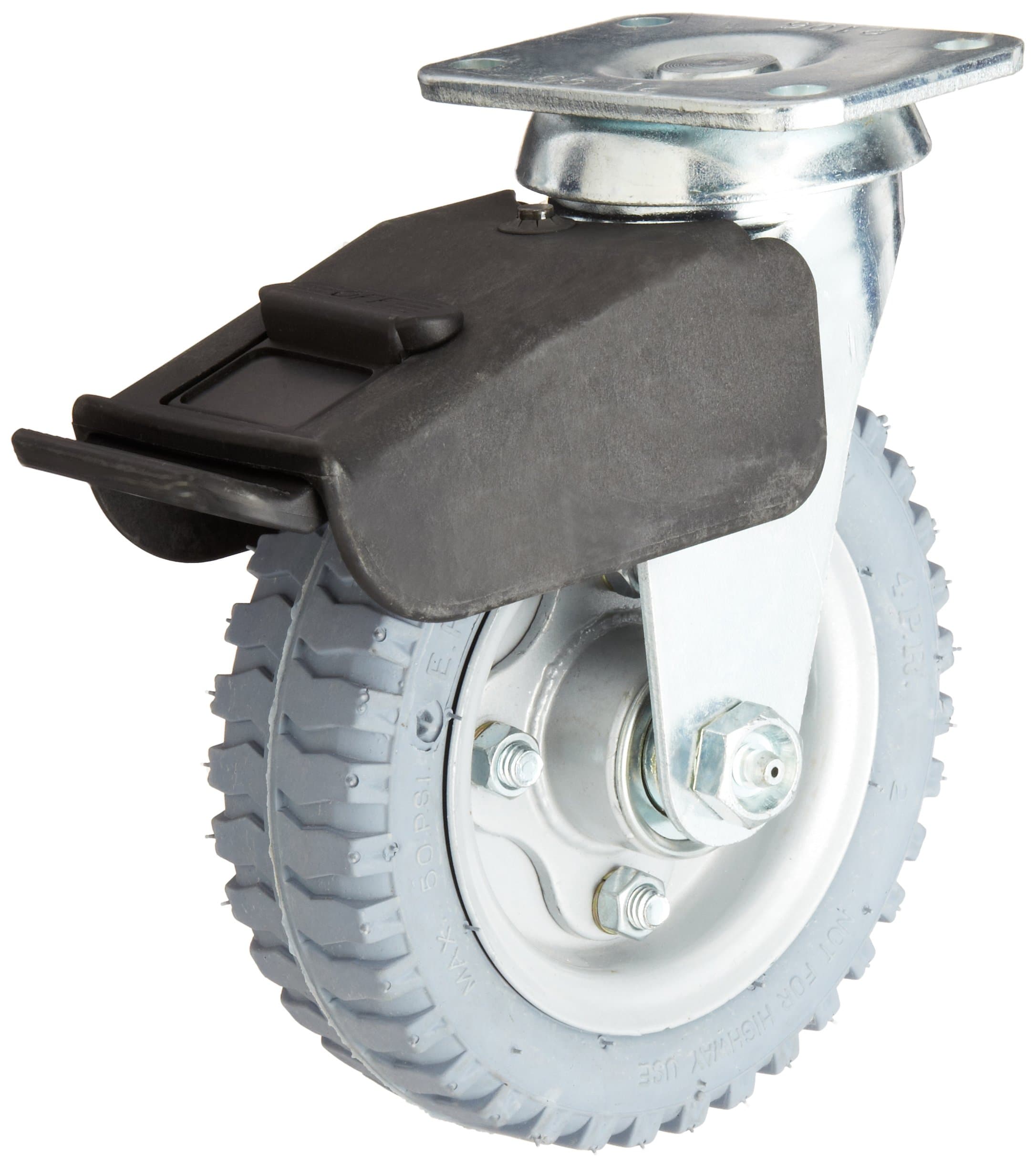 E.R. Wagner Pneumatic Plate Caster, Swivel with Total-Lock Brake, Soft Rubber on Steel Wheel, Ball Bearing, 200 lbs Capacity, 6" Wheel Dia, 2" Wheel Width, 7-1/2" Mount Height, 3-3/4" Plate Length, 2-3/4" Plate Width