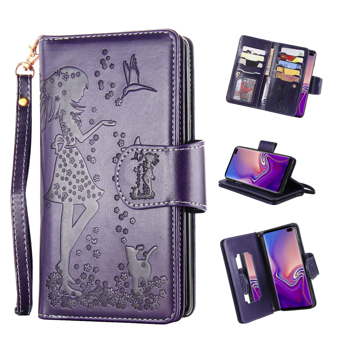 Samsung Galaxy S10 Plus Case,Galaxy S10+ Wallet Case,FLYEE 9 Card Slots High Capacity PU Leather Magnetic Protective Cover with Mirror and Wrist Strap for Galaxy S10 Plus 6.4 inch-Purple
