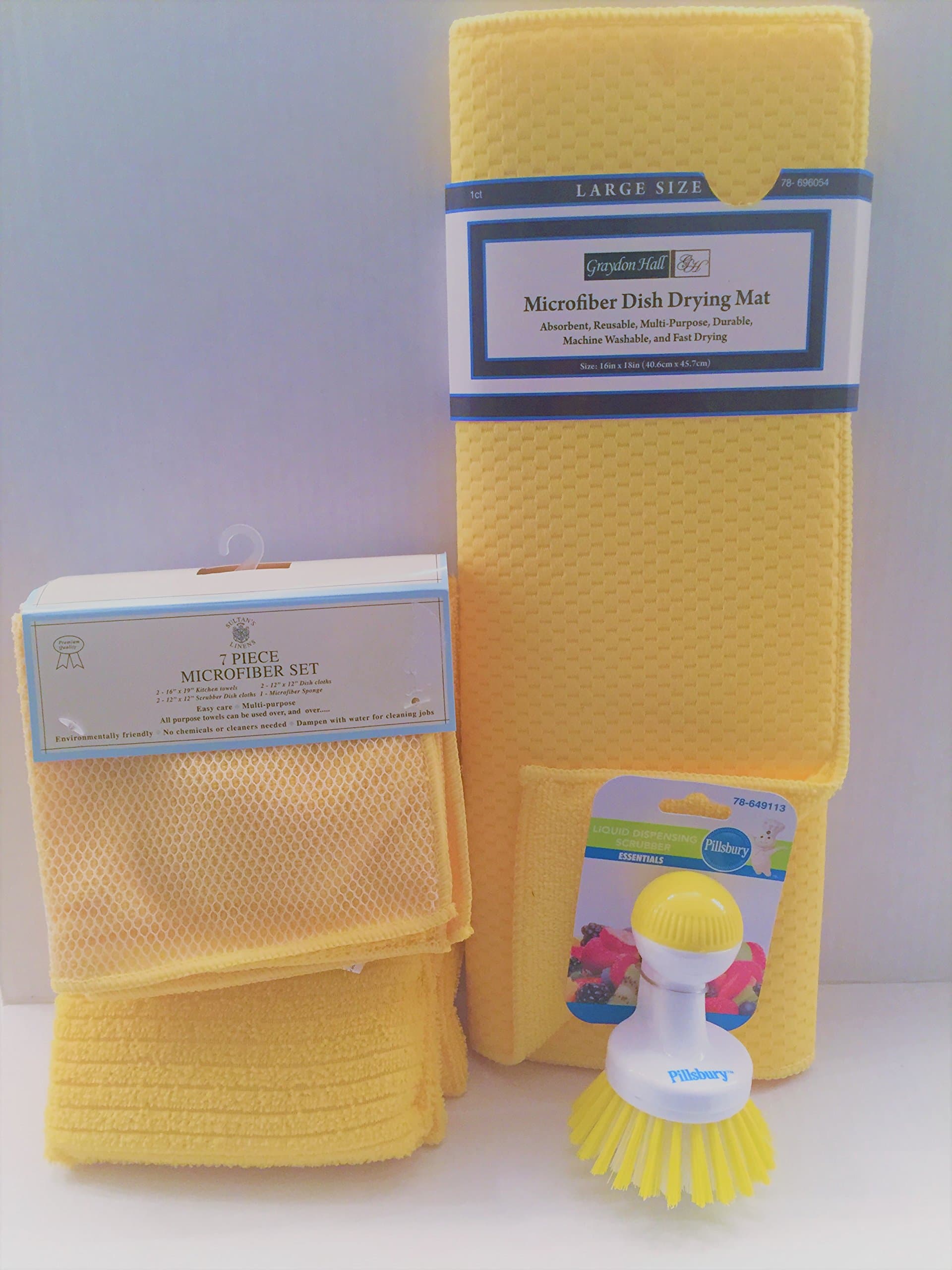 Graydon Hall Yellow, "Yellow Drying Kitchen Drying Mat, Value Pack, Soft, 7 piece Microfiber Set, Durable, Scrub Brush, Soap Dispenser. Absorbent, Multi-Purpose, Machine Washable"
