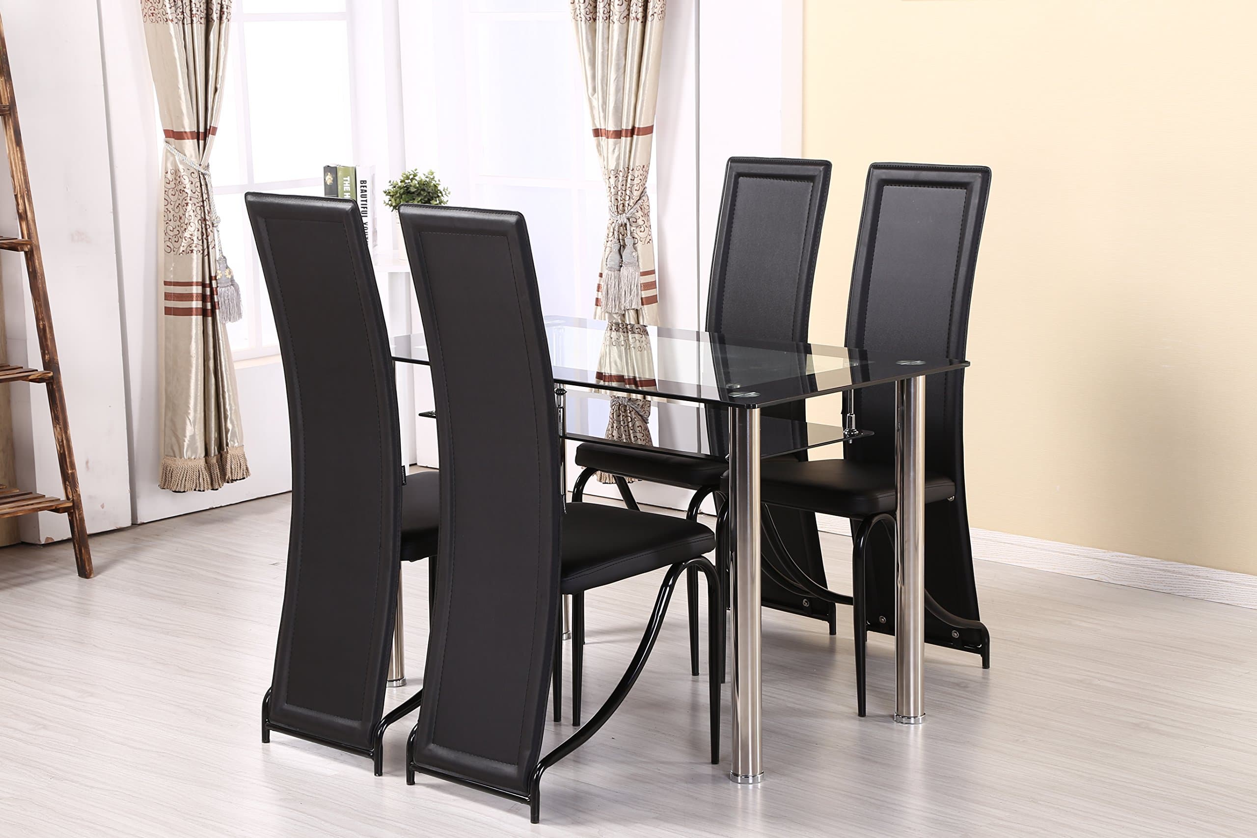 Modernique® Glass Dining Table and 4 Chairs set, Table size 120 or 80 cm with faux leather thick foam padded Chairs with Black or chrome frame chairs. (120 x 70, Black chair frame)