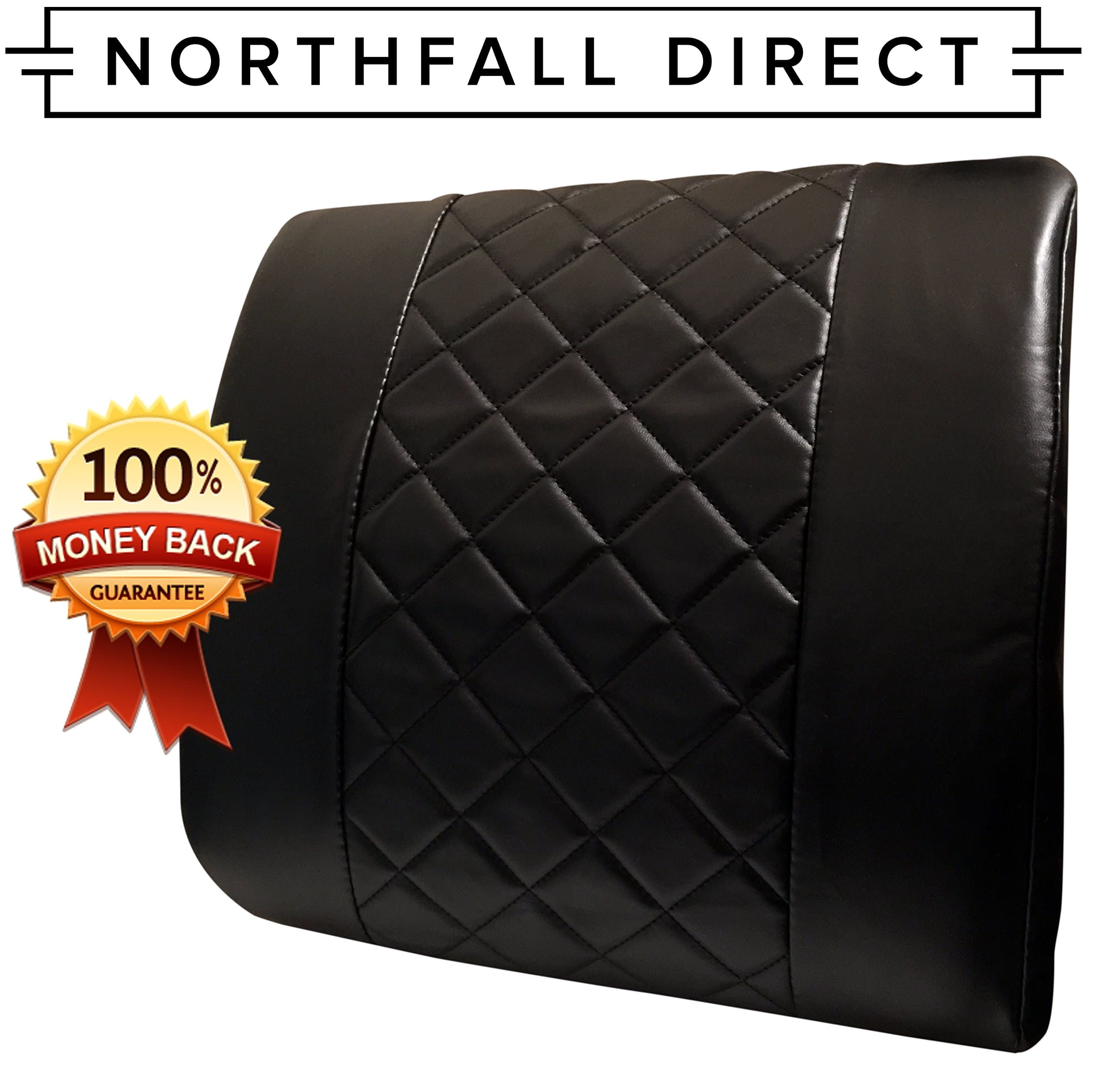 Premium PU Leather Lumbar Support by NorthFall Direct - Lower Back Pillow Cushion for Car Seats, Home, Office Chair, Airplanes and More! Includes Seat Strap - Lifetime Guarantee (Black)