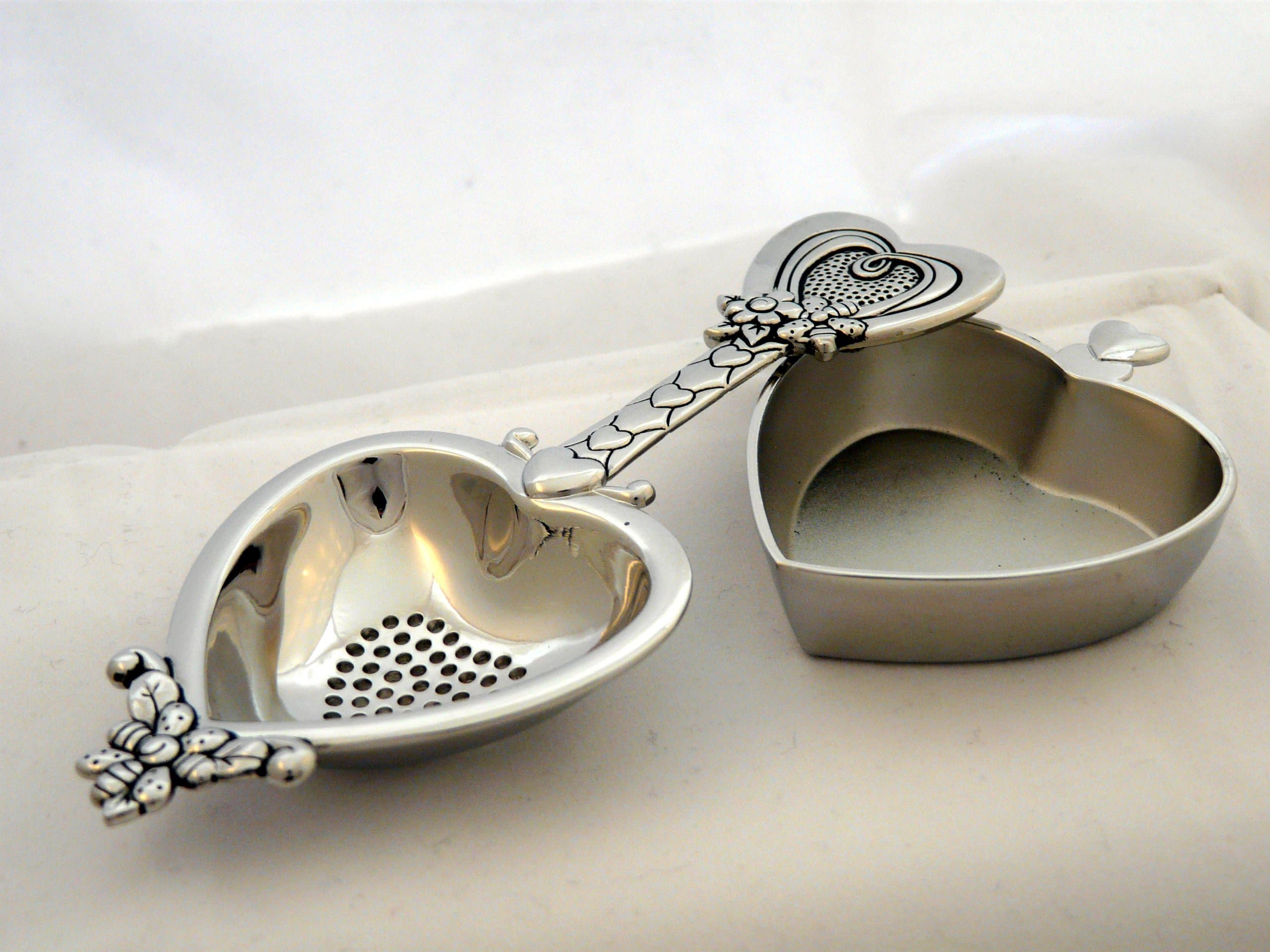 Silver Plated Heart Tea Strainer and Stand