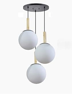 Lyse Decor Hanging Wood & Glass Ceiling Lamps, Hanging Room Lights for Bedroom, Dining Table Lights, Living Room Lamps and Decorative Lamps (White Shade)