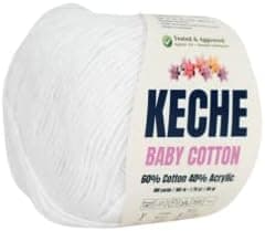 Keche Cotton Yarn, 60% Cotton 40% Acrylic Yarn, Soft Cotton Yarn for Crochet and Knitting, Amigurumi Yarn 1 Skein/Ball 1.76 Oz (50g) / 180 Yrds (165m) - White
