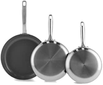 Greenpan Chatham Tri-Ply Stainless Steel Healthy Ceramic Nonstick 8" 9.5" and 12" 3 Piece Frying Pan Skillet Set, PFAS-Free, Multi Clad, Induction, Dishwasher Safe, Oven and Broiler Safe, Silver