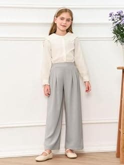 Haloumoning Girls High Waisted Uniform Pants Kids Wide Leg Dress Pants Casual Trousers with Pockets 5-14 Years