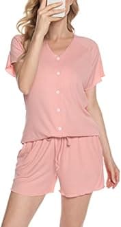 Vlazom Women Pyjamas Set, Button Down Pj's Sets Soft Lounge Sets Chic 2 Piece Top and Shorts for Loungewear Sleepwear