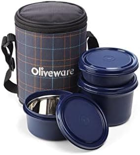 Infinite Lunch Box, Microwave Safe & Leak Proof, 3 Inside Steel Containers with BPA Free Airtight Lids (290ml, 450ml & 600ml), Fabric Bag - Blue