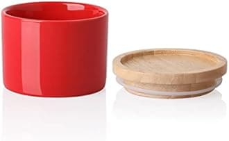 Sweejar Kitchen Canisters Ceramic Food Storage Jar, Stackable Containers with Airtight Seal Wooden Lid for Serving Ground Coffee, Tea, Sugar, Spice and More - 5 Fl Oz(Red)