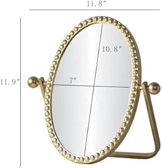 Vintage Vanity Table Mirror, Desk Makeup Mirror Metal Framed with Stand, Gold Oval Retro Mirrors 360 Adjustable Rotation for Tabletop, Bedroom, Bathroom, Living Room, Antique 10.8'' x 7''