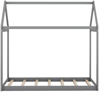 Bellemave House Bed for Kids, Twin Floor Bed, Pine Wood House Floor Bed, Montessori Bed for Kids, Gray（Pine Wood）