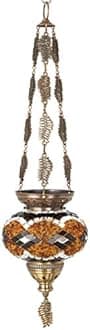 DEMMEX Turkish Moroccan Colorful Mosaic Bohemian Boho Hanging Candle Holder Lantern with Handmade Colorful Glass Globe and Metal Leaf Chains, 60 cm (Brown-Black)