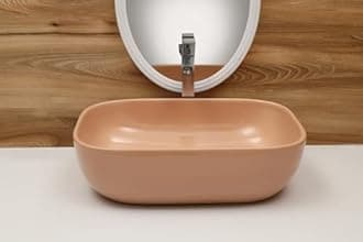 Ceramic Countertop Wash Basin | Designer Table Top Bathroom Basin Sink | Vessel Sink Wash Basin Over Counter for Bathroom, Hotel, Home Living Room (18x13x5.5 Inch) (Glossy Beige)