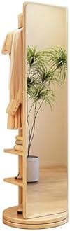 Wood Full Length Mirror with Coat Rack, Freestanding Floor Mirror with 360° Rotating Base and Hooks, Full Body Mirrors for Living Room Bedroom Apartment (Original Wooden Colour)