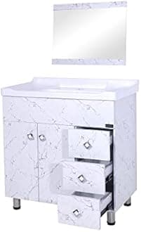 REDBAY 32 Inch Snow White Contemporary Bathroom Vanity Cabinet with Washbasin & Matching Mirror, Freestanding, Double Doors, 3 Drawers, Integrated Sink