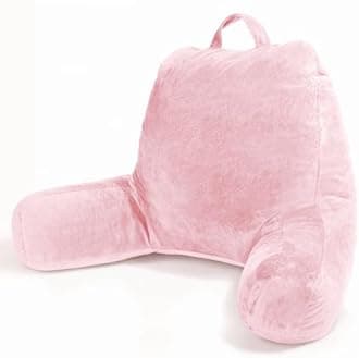 Sasttie Reading Pillow, Velvet Back Pillow for Bed Sitting Up, Adult Back-Rest Support Cushion with Arms for Sit Up on Couch, Sofa, and Floor, Dorm Essentials, Reading Accessories, Pink