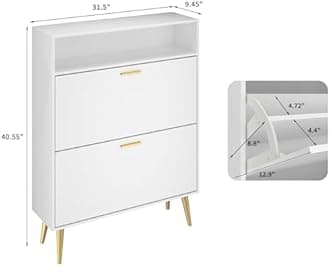 JOZZBY White Shoe Cabinet for Entryway, Narrow Shoe Storage Cabinet with 2 Flip Drawers, Hidden Shoe Rack for Hallway, Living Room