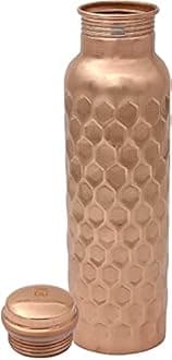KHC 100% Pure Copper Water Bottle Handcrafted | 34 Oz 1 Litter Copper Water Vessel - Drink More Water Bottle in many Patterns– Large -Leak Proof - Smooth Finish (Diamond Copper Bottle)