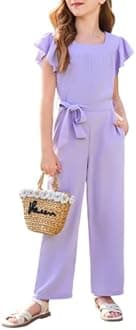 Haloumoning Girls Jumpsuit Kids Fashion Square Neck Ruffle Sleeve Belted Wide Leg Romper with Pockets