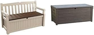 Keter Eden Bench Beige and Brown, 140 x 60 x 84 cm & Brightwood Outdoor Storage Box Garden Furniture, 145 x 69.7 x 60.3 cm - Brown
