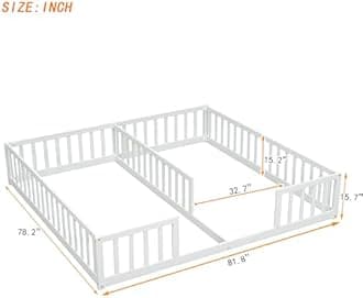 Double Floor Bed Frames for Kids, Wood Montessori Bed with Fence Rails, Two Twin Bed Frames for Kids Boys Girls Children, White