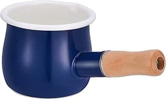 Enamel Milk Pot, Small Saucepan Milk Pot Butter Warmer 4 Inch 17 Oz Enamel Small Sauce Pan with Wooden Handle, Perfect Size for Heating Smaller Liquid Portions. (Blue）