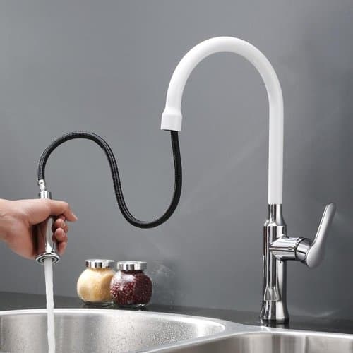 Ouku Deck Mount Centerset HPB Contemporary Pullout Spray White Chrome Finish Solid Brass One Hole Single Handle Kitchen Sink Faucet Basin Mixer Taps with Pull Down Sprayer Unique Designer Ceramic Valve Included Plumbing Fixtures