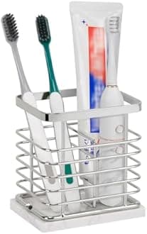HarJue Toothbrush Holder, Luxurious Metal Toothbrush Toothpaste Holder with Marble Base for Bathroom, Multi-Slots Openwork Design, Bathroom Accessory for Storage and Organizer (Small, Chrome)