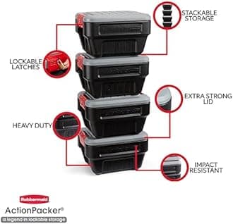 Rubbermaid® ActionPacker® 8 Gal Lockable Storage Box Pack of 4, Outdoor, Industrial, Rugged, Grey and Black