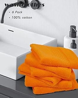 Cleanbear Washcloths Orange Face Cloths Set of 6 Large All Cotton Bathroom Wash Cloth - 13 by 13 Inches Highly Absorbent Face Towels for Daily Use