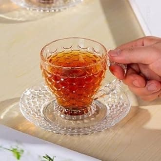 Premium Classic Glass Tea & Coffee Cup and Saucer - 250 ML, for Transparent Espresso Cappuccino hot Chocolate, Cups and Saucer Set for Coffee, Green Herbal, Lemon Tea (4 Cup and 4 Saucer)
