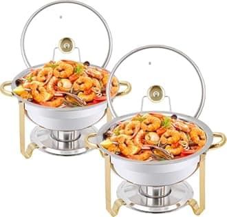 Chafing Dish Buffet Set 5 QT Stainless Steel Chafing Dishes Round Buffet Food Warmer Chafers Set for Parties Catering Event with Glass Lid, Lid Holder 2PCS